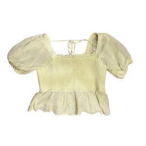 American Eagle Yellow Smocked Peplum Puff Sleeve Eyelet Top Women's Size S Y2K